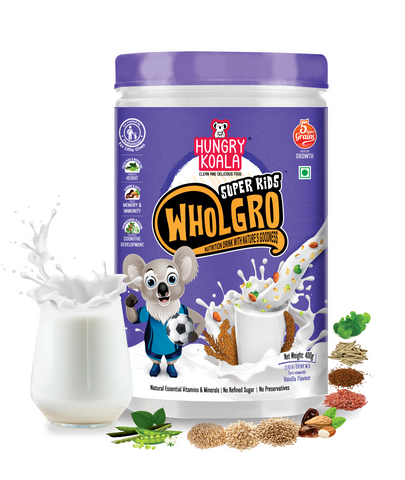 Wholgro Superkids - VANILLA  Nutrition drink mix (MADE WITH RAGI, JOWAR, PEAS, ALMOND, DATES, ASHWAGANDHA, BRAHMI &  JAGGERY) 2 YEARS ONWARDS