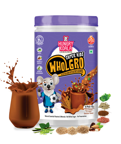 Wholgro Superkids - CHOCOLATE Nutrition drink mix (MADE WITH RAGI, JOWAR, PEAS, ALMOND, DATES, ASHWAGANDHA, BRAHMI & JAGGERY) 2 YEARS ONWARDS